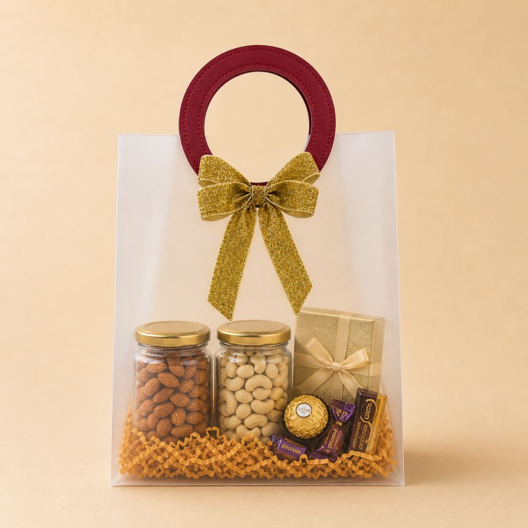 (Set of 5)Premium Frosted Gift Bags with Designer Ring Handle & Golden Bow –(7 x 10 Inch)