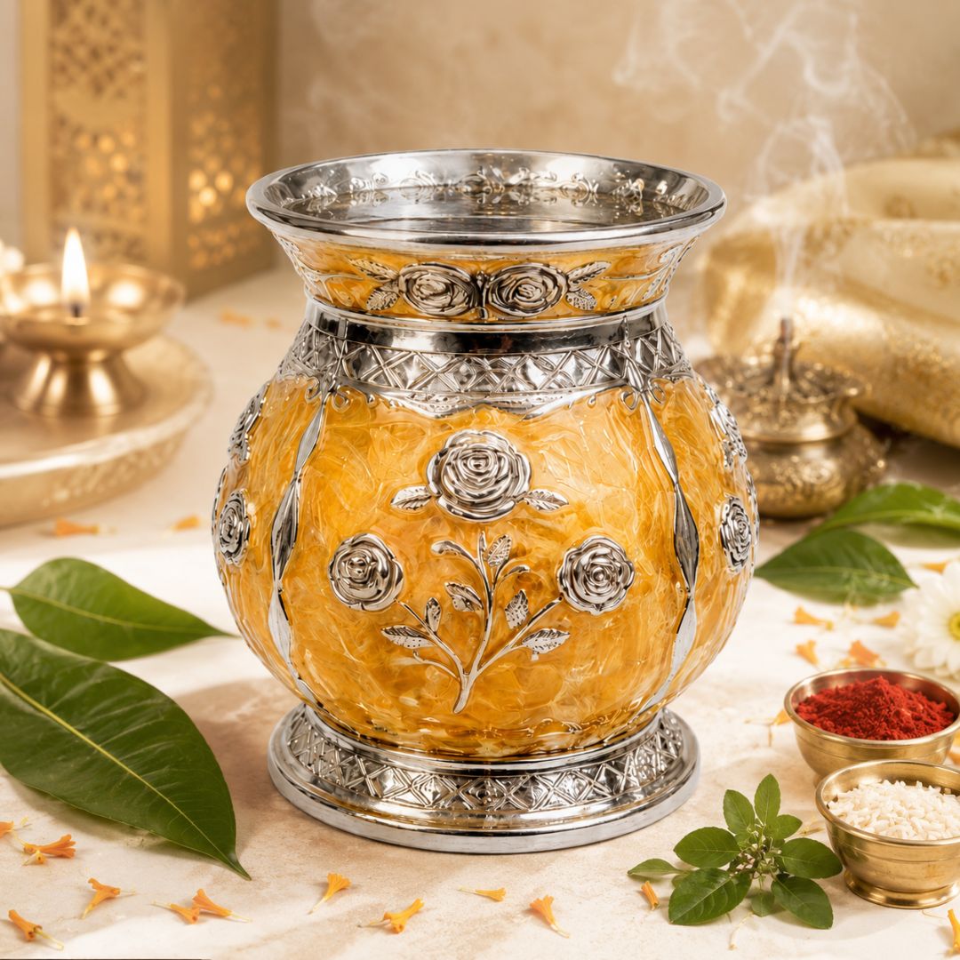 German Silver Floral Kalash with Yellow Enamel Work