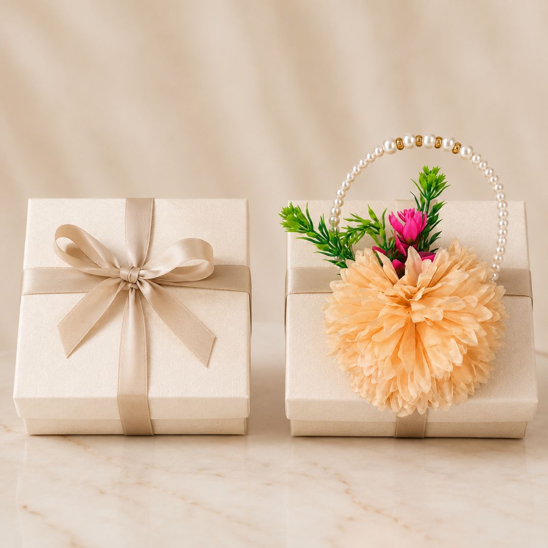 Set of 5 Peach Pearl Handle Floral Decorative Accessories for Hamper & Trousseau Packing