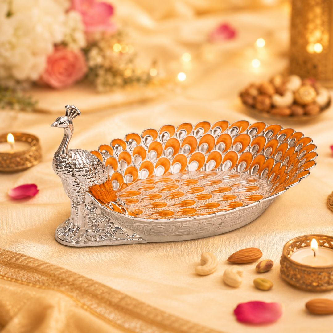 Peacock-Shaped German Silver Tray with Orange Enamel (8 Inch) – Luxury Dry Fruit & Gifting Tray - Adscraft.in