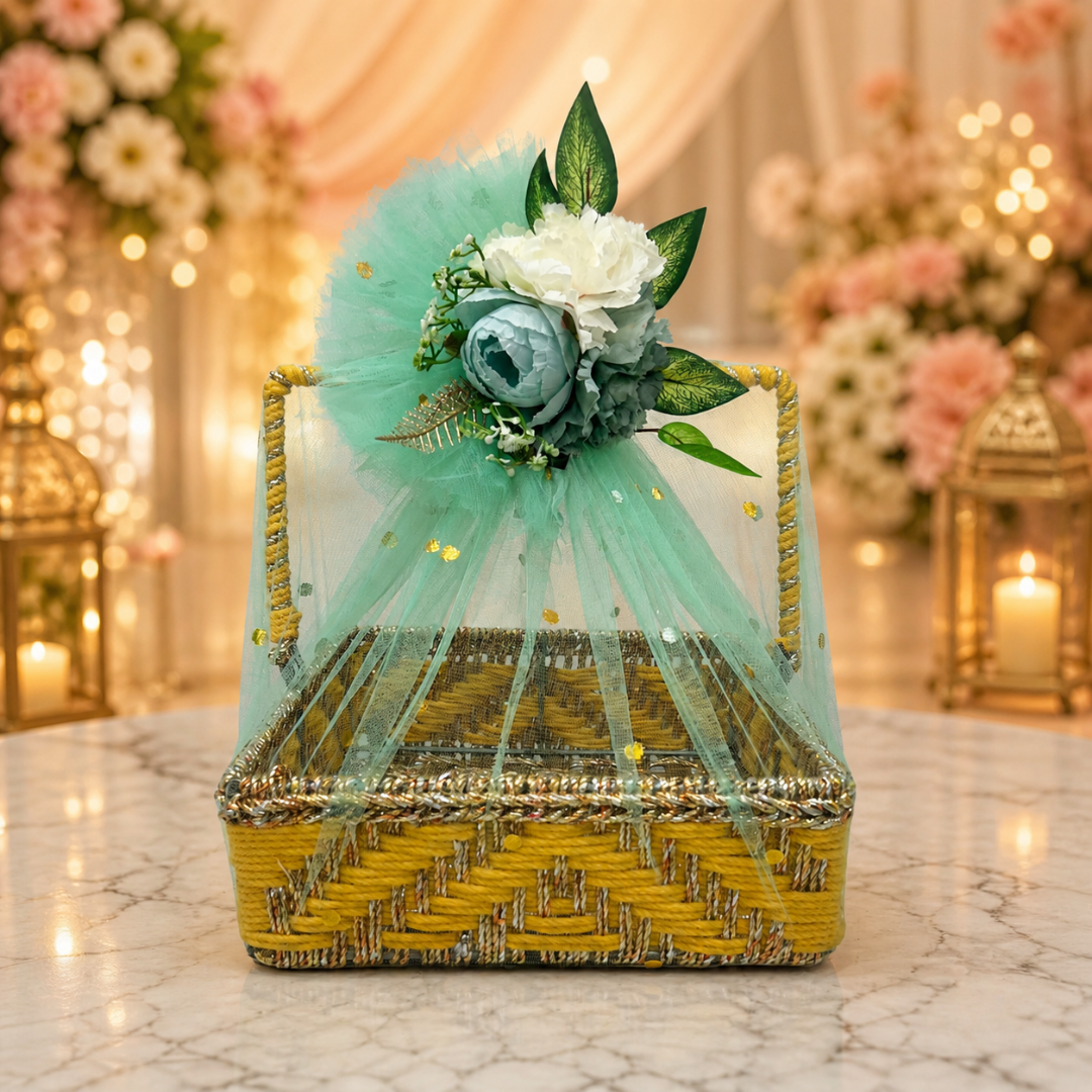 (Set of 3 )Premium Yellow Handwoven Trousseau Basket Set with Mint Net Decor –
