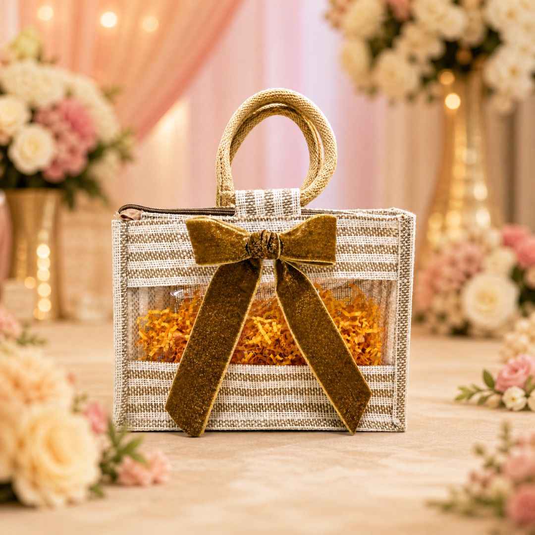 (Set of 5)Premium Jute Gift Bags with Transparent Window & Golden Bow – 12 x 15 Inches