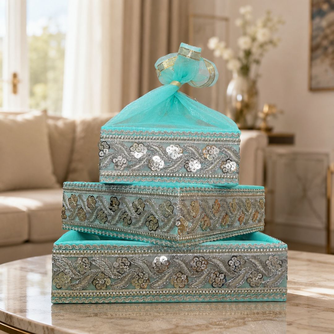 Set of 3-Turquoise Silver Embroidered Wedding Hamper Basket  Set