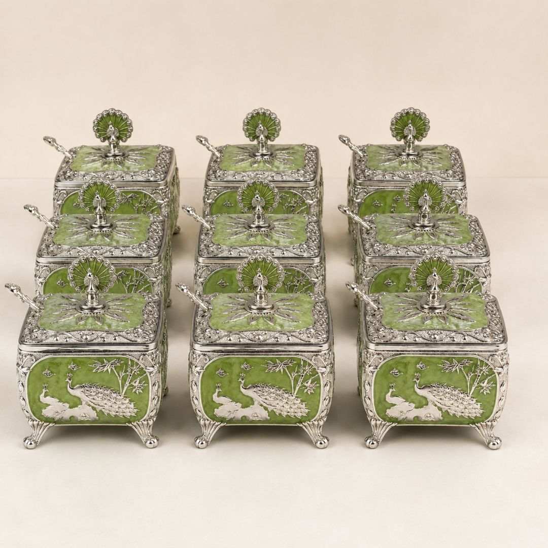 Royal Peacock German Silver Dry Fruit Box (Green) – 4 x 4 Inch with Spoon