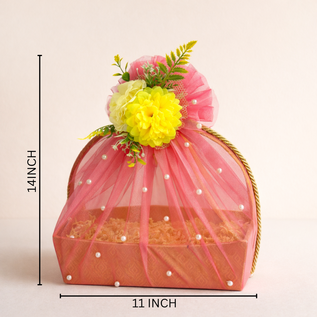 (Set of 3)Premium Peach Net Gift Basket with Floral Top –  (11 x 15 Inches)
