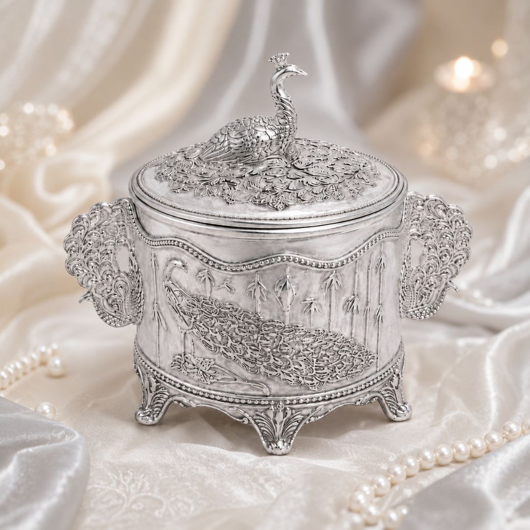 Royal Peacock German Silver Dry Fruit & Sugar Pot – Classic Silver Finish (4 Inch) - Adscraft.in