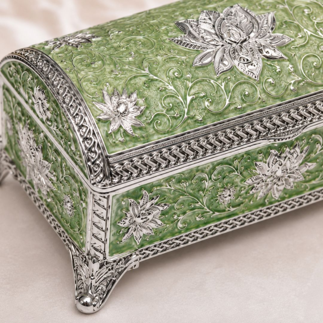 Luxury German Silver Floral Long Storage Box – Green Enamel Finish (7.5 x 3.5 Inch)