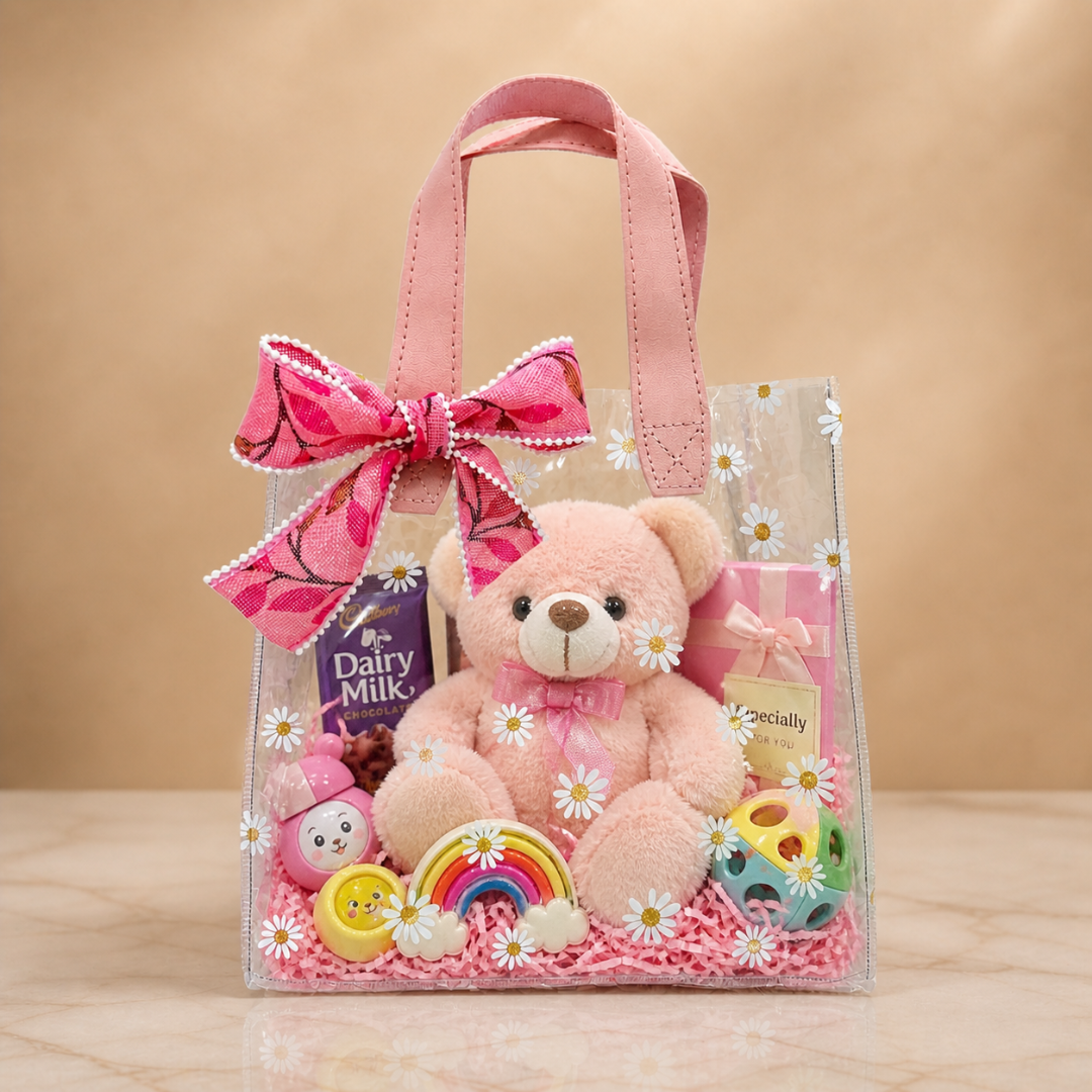 (Set of 5)Premium Transparent Floral Gift Bag with Bow Handle – (10 x 14 Inch)
