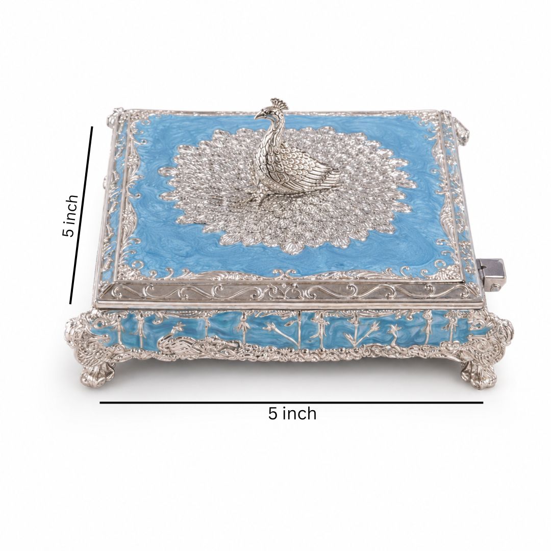 Premium German Silver Peacock Sweet & Dry Fruit Box with Blue Enamel Finish (5 x 5 x 2 Inch)