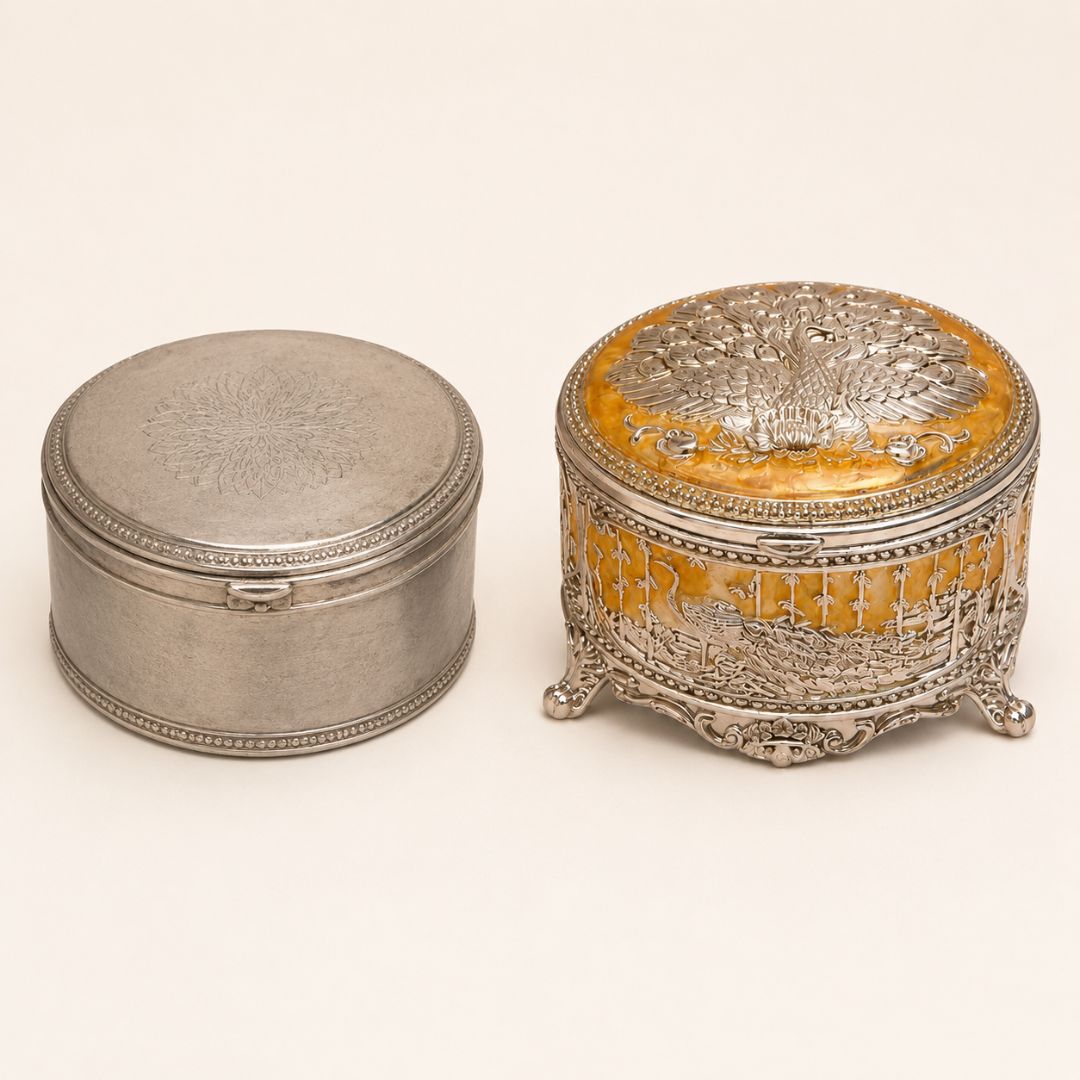 Premium German Silver Peacock Jewellery Box – 3 Inch Round with Velvet Interior