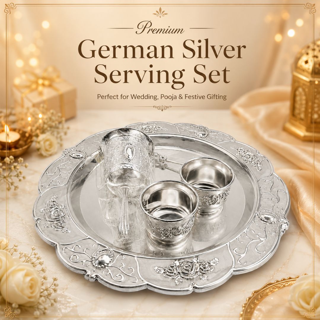 Premium German Silver Tray Set with Bowls & Spoon for Pooja, Serving & Gifting - Adscraft.in