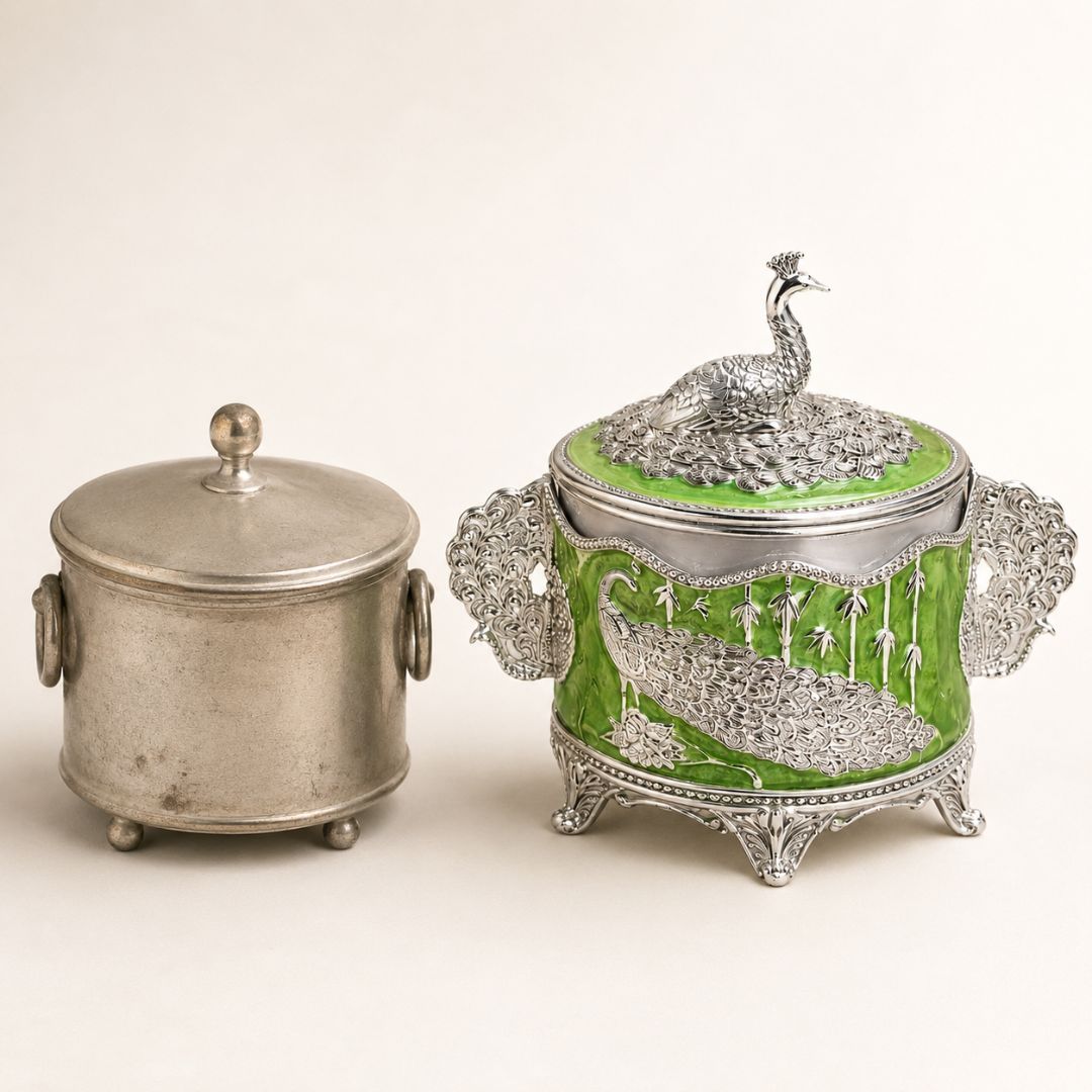 Luxury German Silver Peacock Dry Fruit Box with Handles – Green Enamel Finish (6 Inch) - Adscraft.in