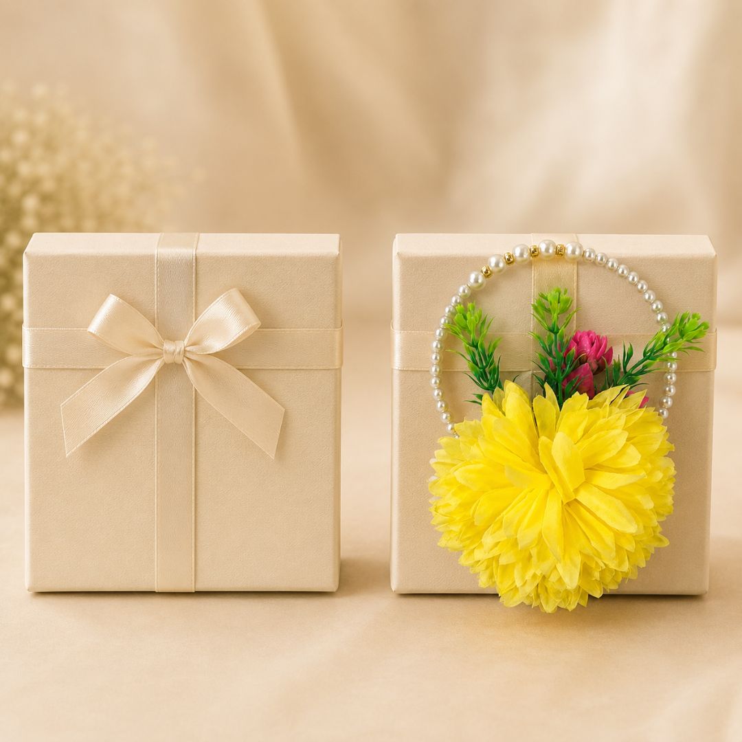 Set of 5 Yellow Pearl Handle Floral Decorative Accessories for Hamper & Trousseau Packing