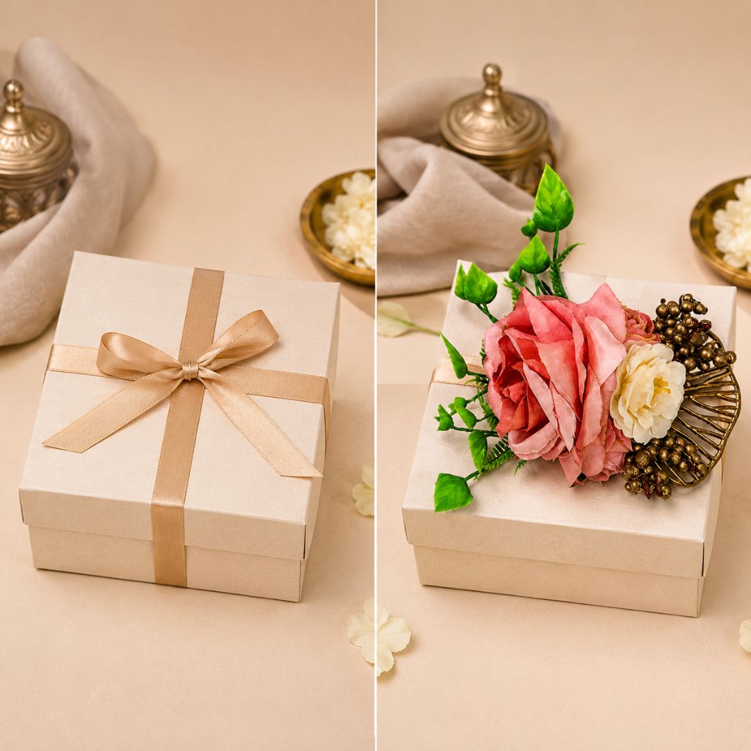 Set of 5 Peach & Gold Floral Decorative Accessories for Hamper & Trousseau Packing