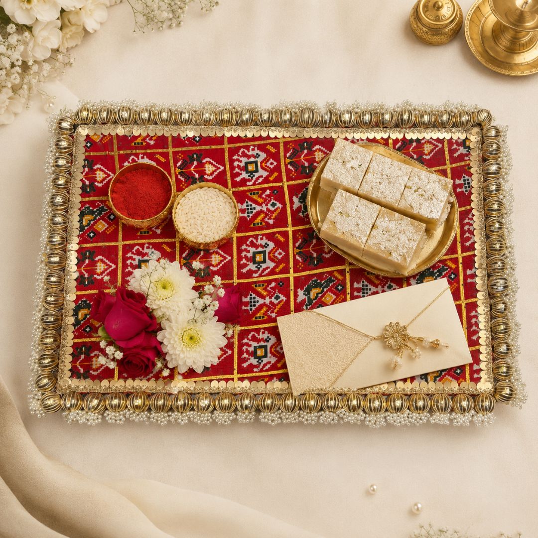 Red Patola Pearl Border Wedding Trousseau Tray