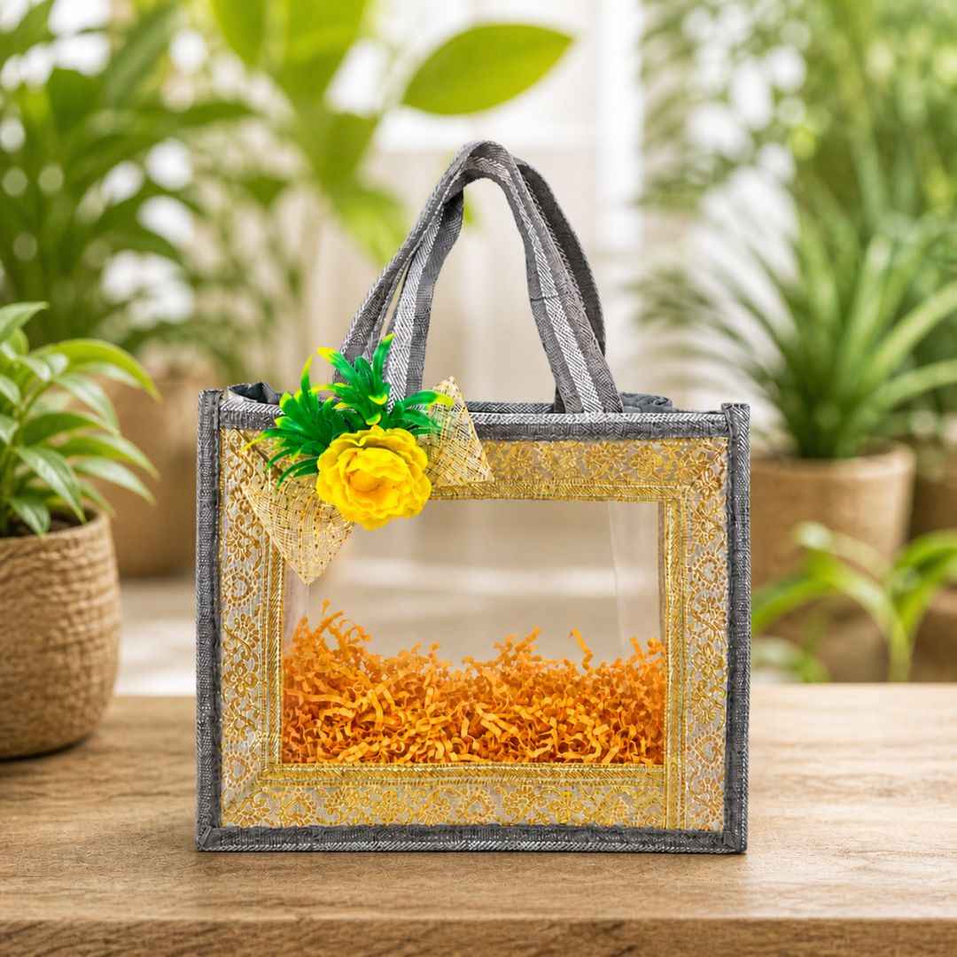 (Set of 5)Premium Grey Transparent Jute Gift Bag with Golden Lace Frame & Floral Decoration (10 x 14 Inches)