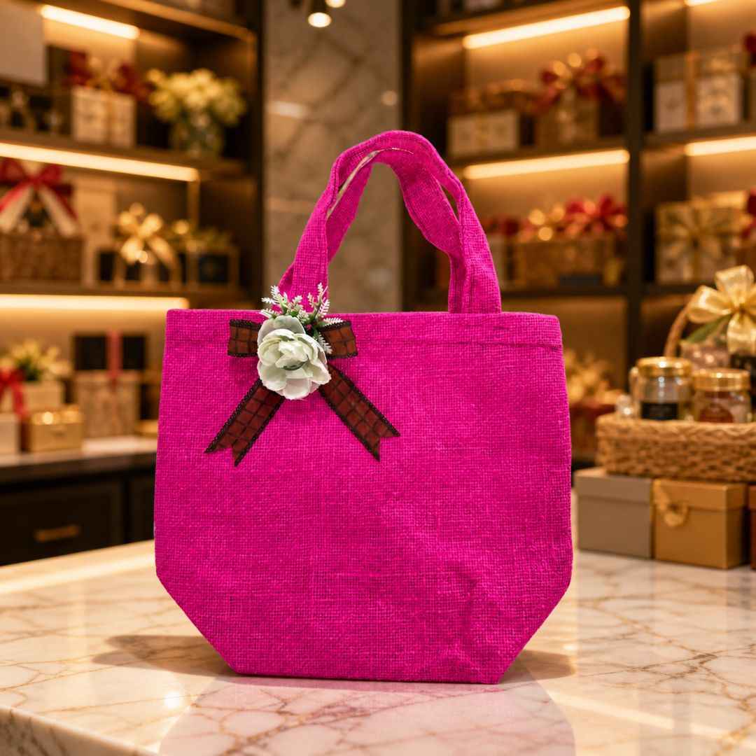 (Set of 5)Premium Pink Jute Gift Bags  with Floral Bow – 11 x 15 Inches