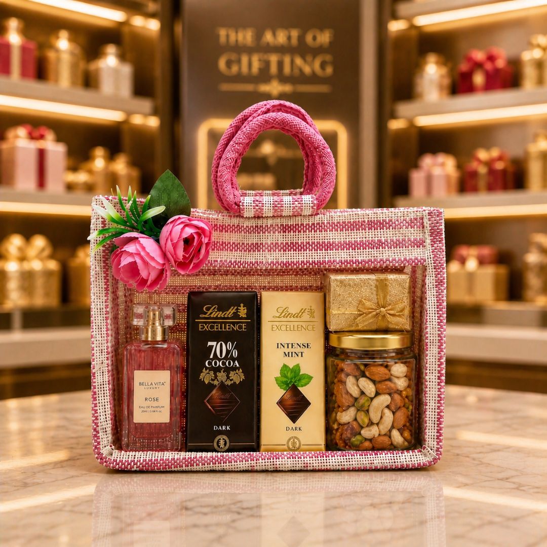 (Set of 5) Premium Pink Jute Gift Bags with Floral Decoration & Handle (11 x 12 Inch) – Wedding Return Gift & Hamper Packaging