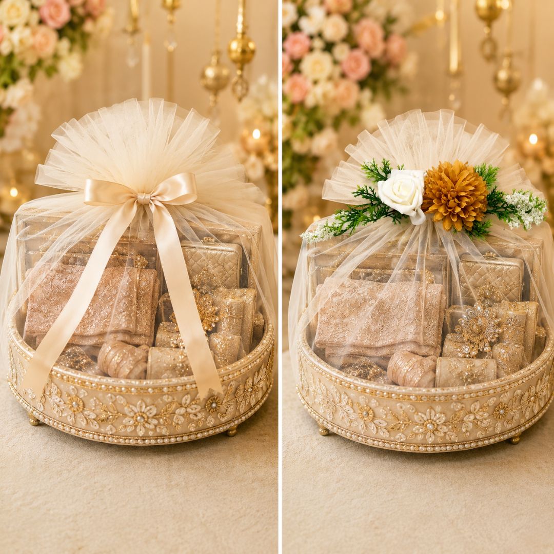 Set of 5 White & Mustard Floral Decorative Accessories for Hamper & Trousseau Packing