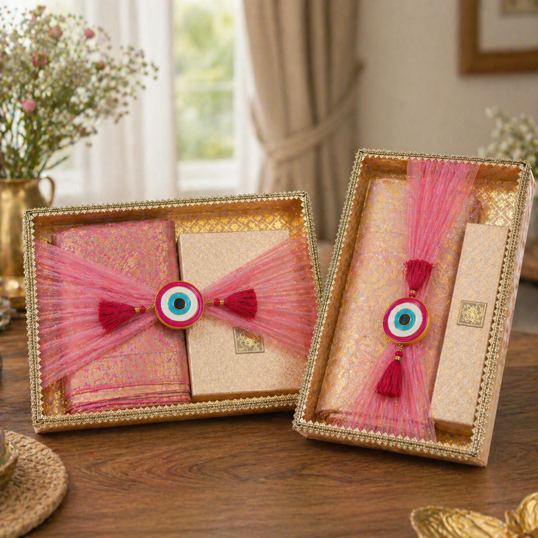 (Set of 2)Premium Evil Eye Net Gift Tray (16x12 & 14x10 Inch) – Pink Fabric Finish with Tassel Decor - Adscraft.in