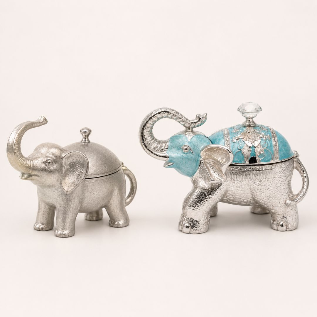 Luxury Silver Elephant Dry Fruit Box with Blue Enamel Finish | Decorative Storage & Gifting Box (8 x 6 Inch)