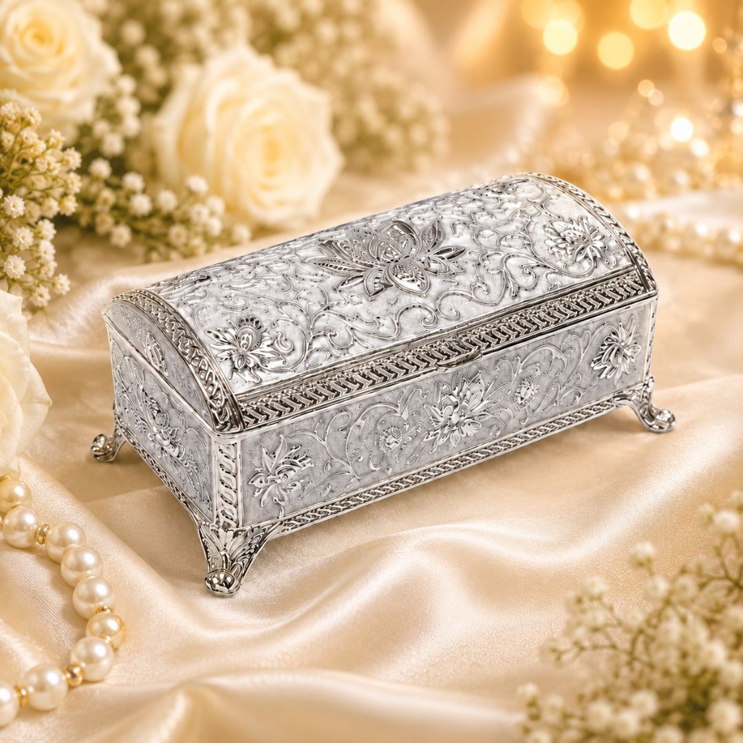 Royal German Silver Embossed Storage Box with Velvet Lining – Luxury Gifting & Décor Piece