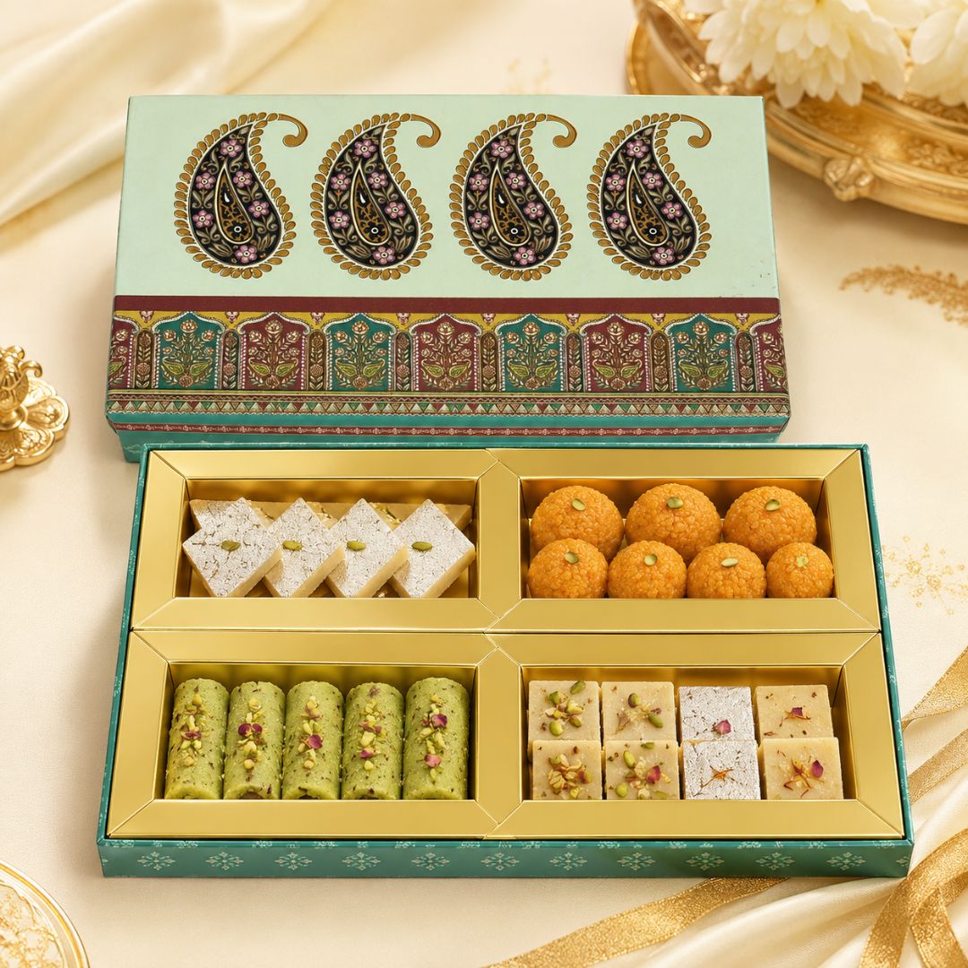 An open traditional Indian sweet gift box filled with assorted chocolates, sweets, and biscuits, displayed on a beige satin fabric background with decorative gold elements.