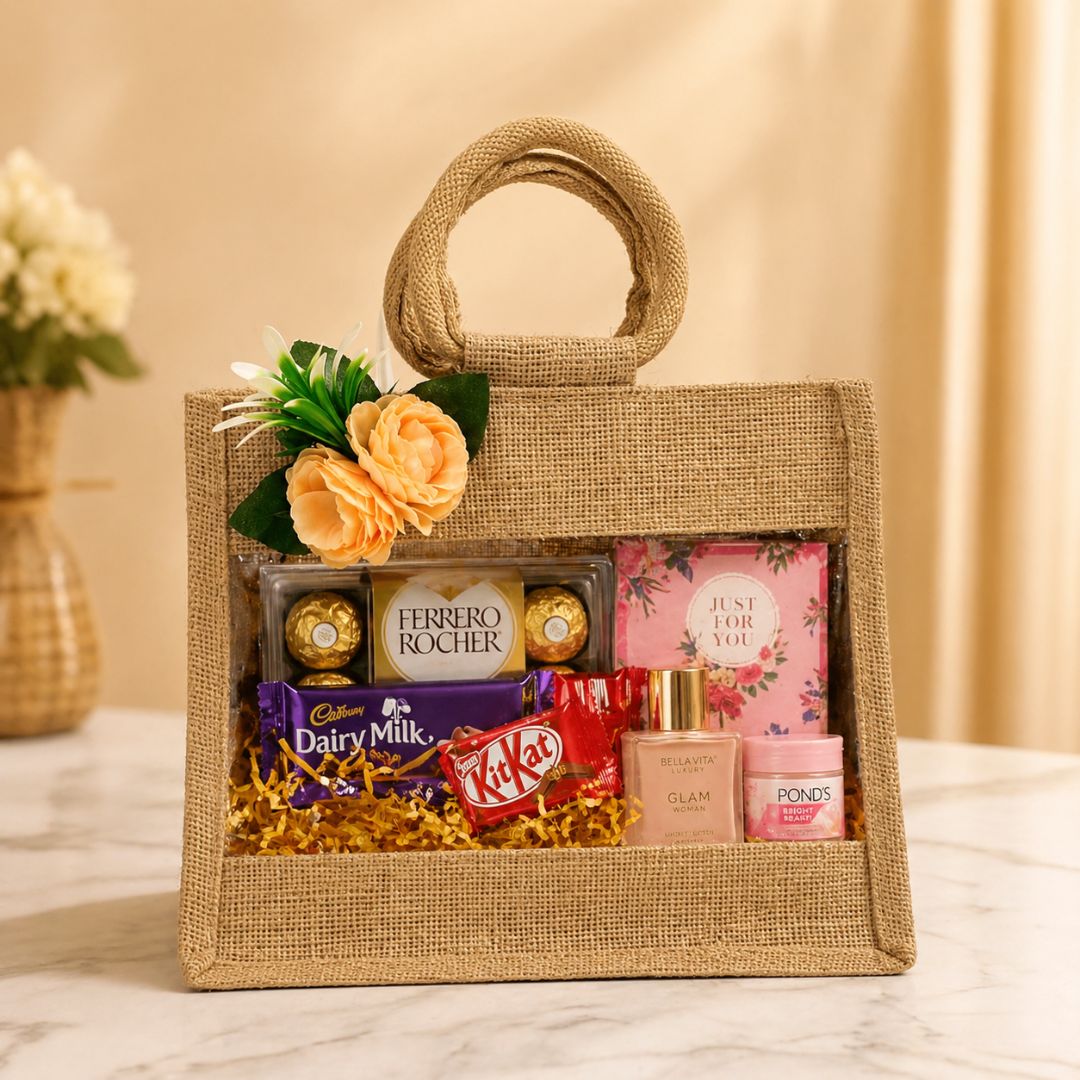 (Set of 5)Premium Jute Gift Basket with Transparent Window & Floral Accent – 11 x 13 Inch
