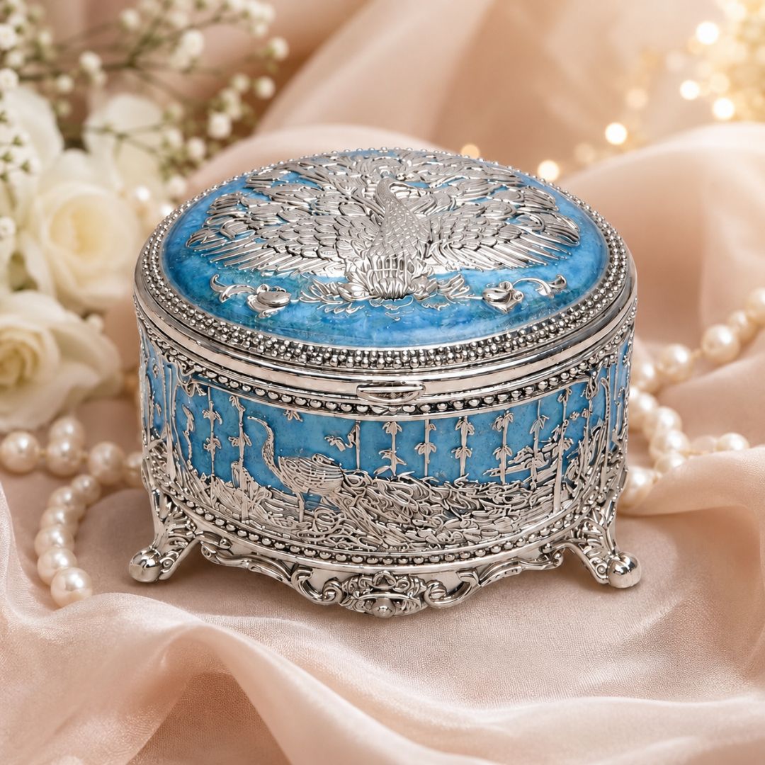 German Silver Peacock Design Round Box (3 Inch) – Luxury Dry Fruit & Return Gift Box