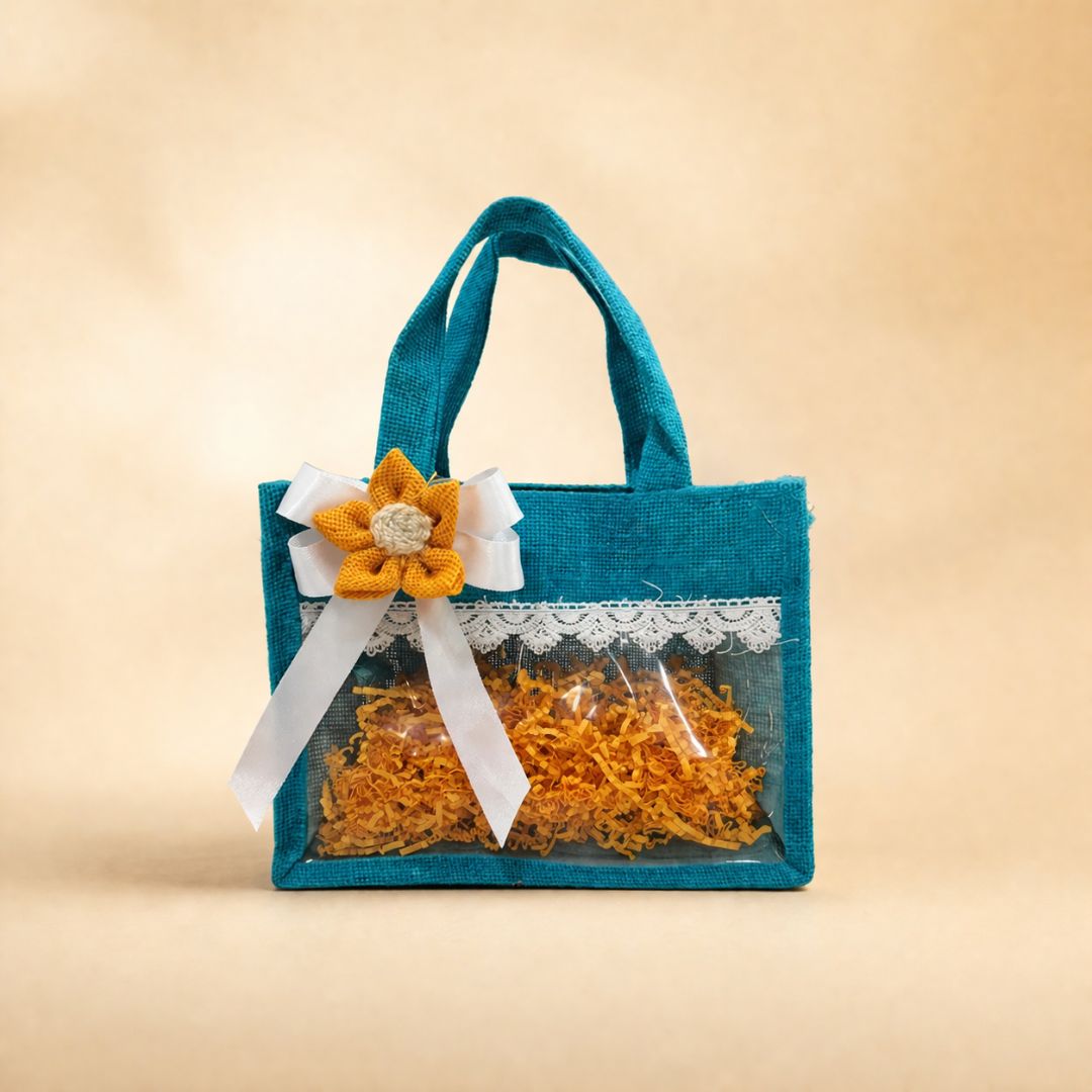 (Set of 5)Premium Teal Jute Gift Basket with Transparent Window & Lace Decor| 8 x 10 Inch Sizes)