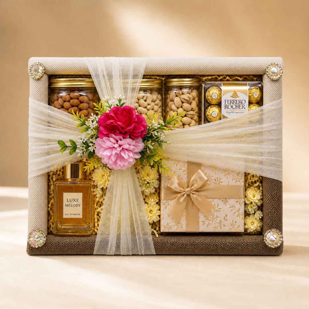 (Set of 3)Luxury Golden Ready-to-Use Trousseau Tray with Floral Net Decor – 19 x 14 Inches