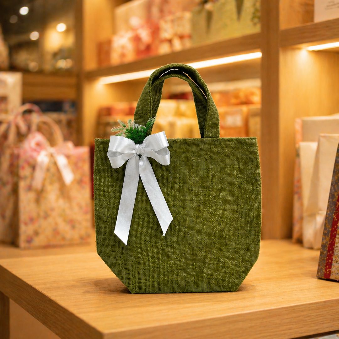 (Set of 5)Premium Olive Green Jute Gift Bag with Ribbon & Floral Accent  –  (11 x 15 Inch Sizes)