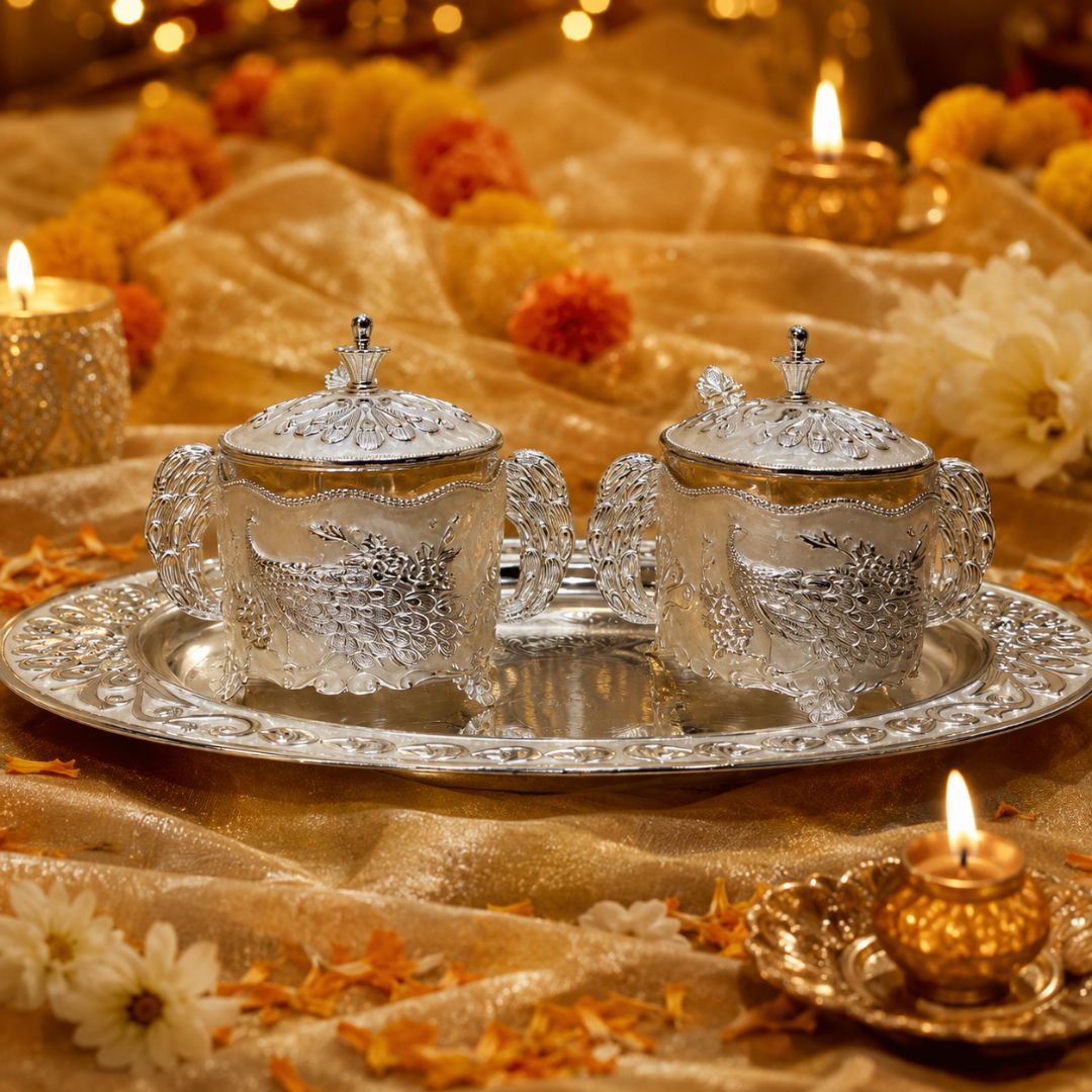 German Silver White Peacock Serving Set with Spoons