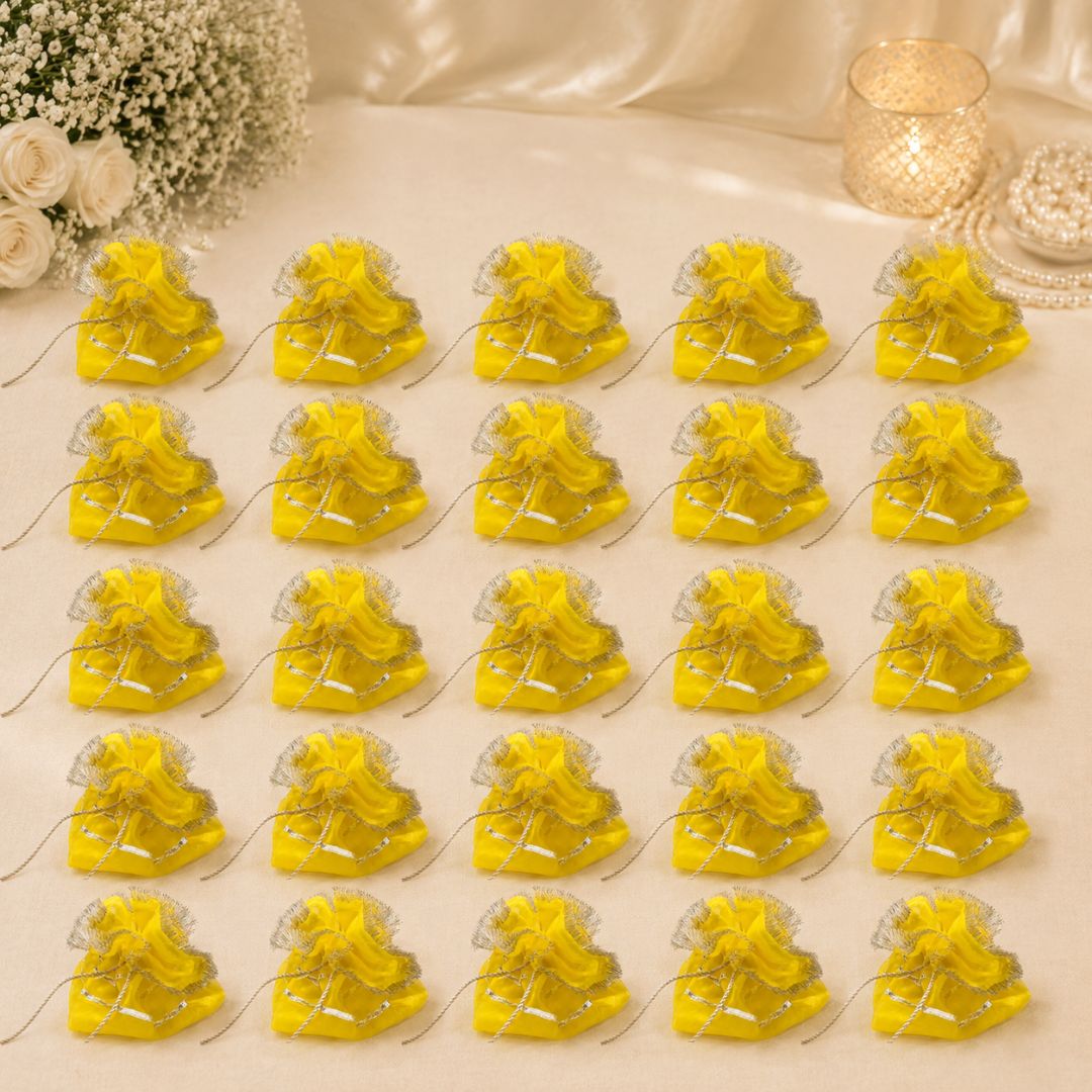 Pack of 5–  Bright Yellow Silver Lace Drawstring Potli Bag
