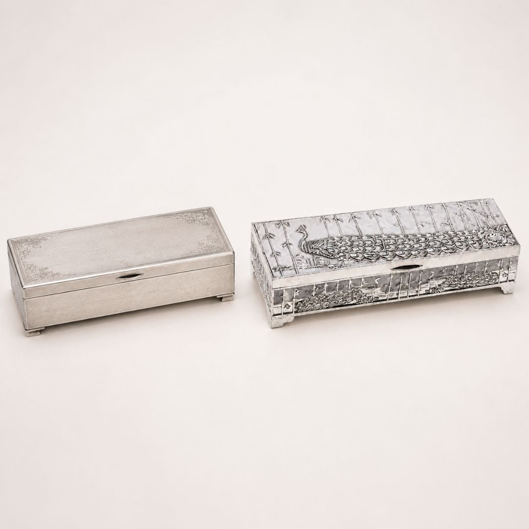 Premium German Silver Peacock Dry Fruit Box – Plain Silver Finish (9 x 3.5 x 2 Inch)