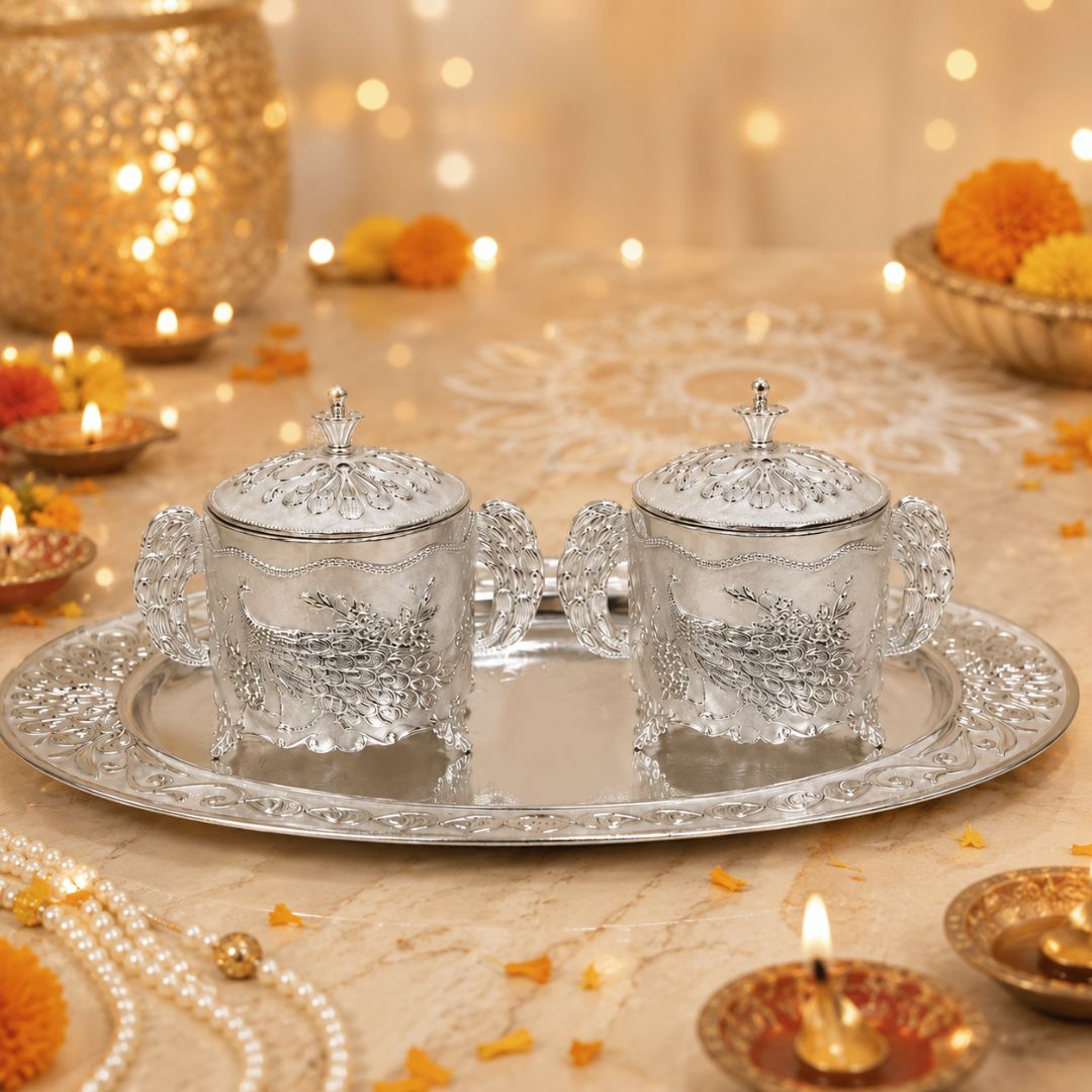 German Silver White Peacock Container Set with Tray