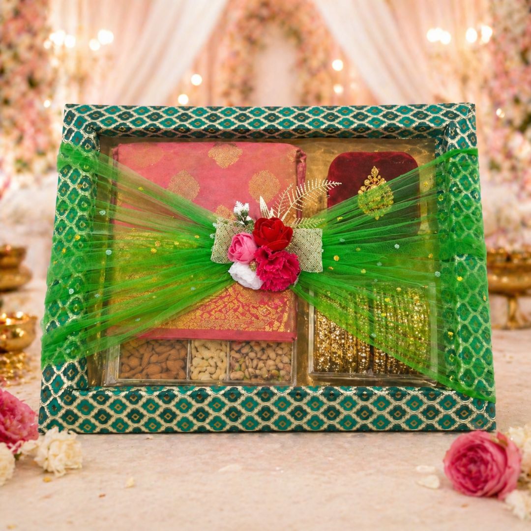 (Set of 3)Premium Green Net Decorative Gift Tray – Floral Center Design | 21 x 16 Inches