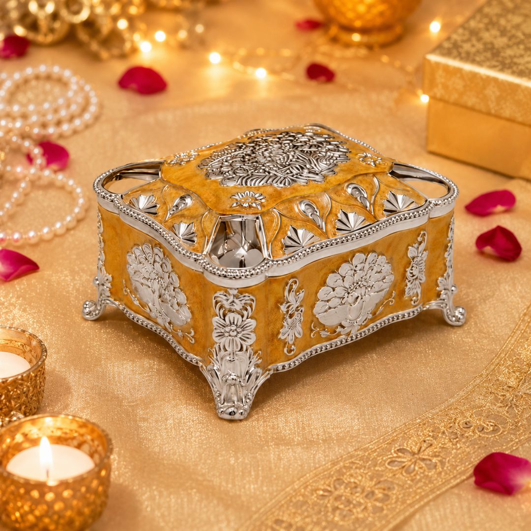 Mustard Enamel German Silver Decorative Jewellery & Keepsake Box (4 x 3 x 3 Inch)
