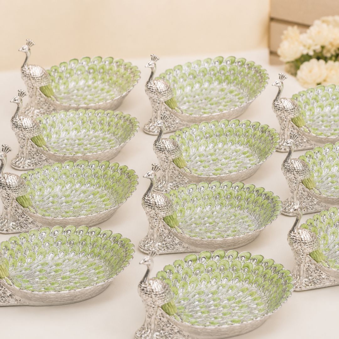 Peacock-Shaped German Silver Dry Fruit Tray – Green Enamel Finish (8 Inch) - Adscraft.in