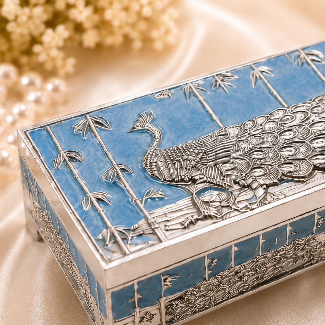 Premium German Silver Peacock Dry Fruit Box with Blue Enamel Finish (9 x 3.5 x 2 Inch)