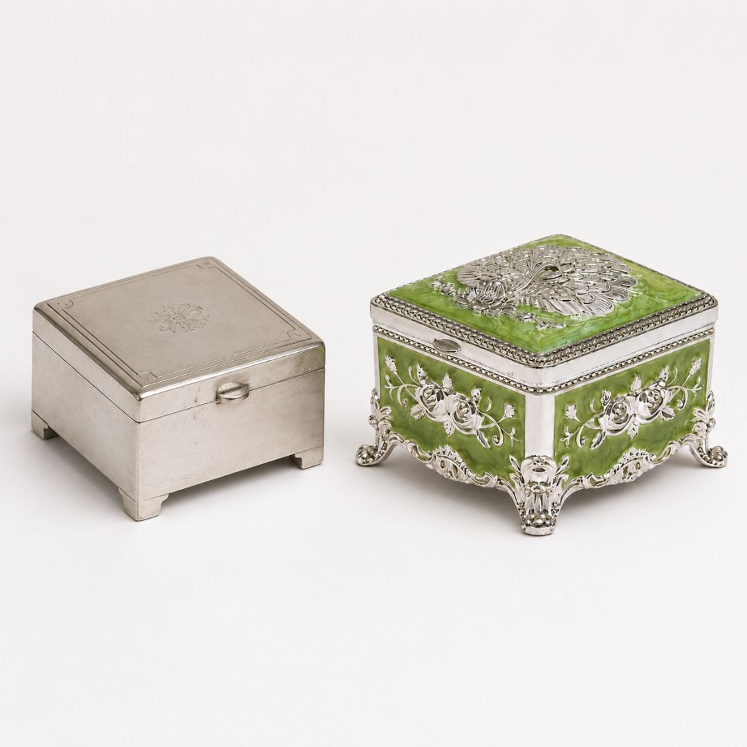Royal Green Floral Metal Jewellery Box with Velvet Lining (3 x 3 x 2 Inch)
