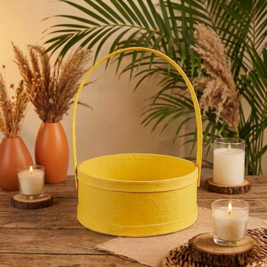(Pack of 3) Yellow Round Gift Hamper Basket with Handle – Premium MDF Basket for Wedding & Festive Gifting (10x10x4 Inch)