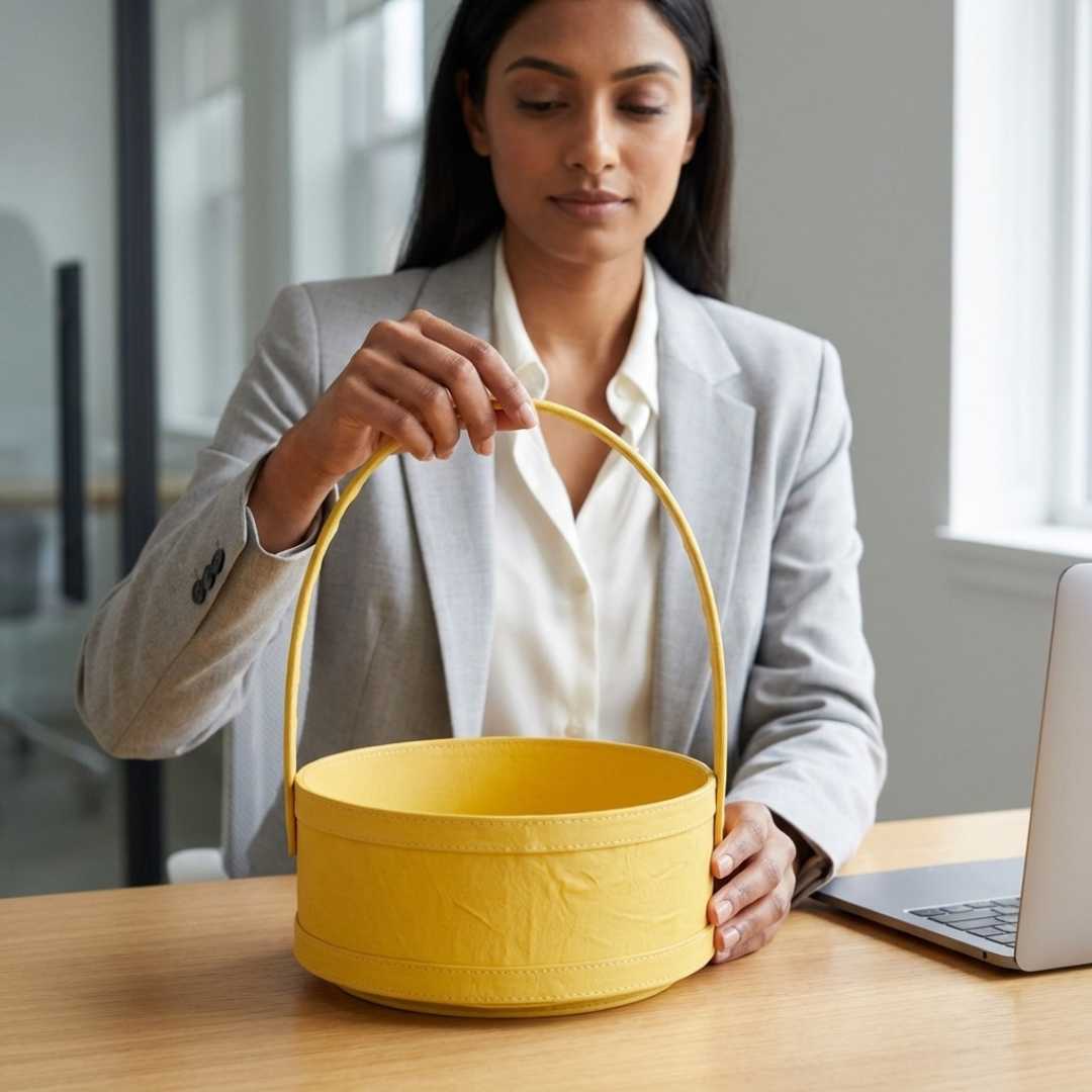 (Pack of 3) Yellow Round Gift Hamper Basket with Handle – Premium MDF Basket for Wedding & Festive Gifting (10x10x4 Inch)