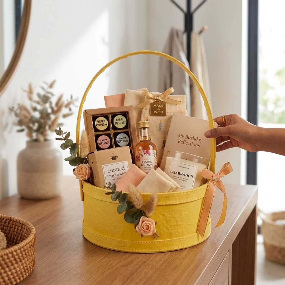 (Pack of 3) Yellow Round Gift Hamper Basket with Handle – Premium MDF Basket for Wedding & Festive Gifting (10x10x4 Inch)