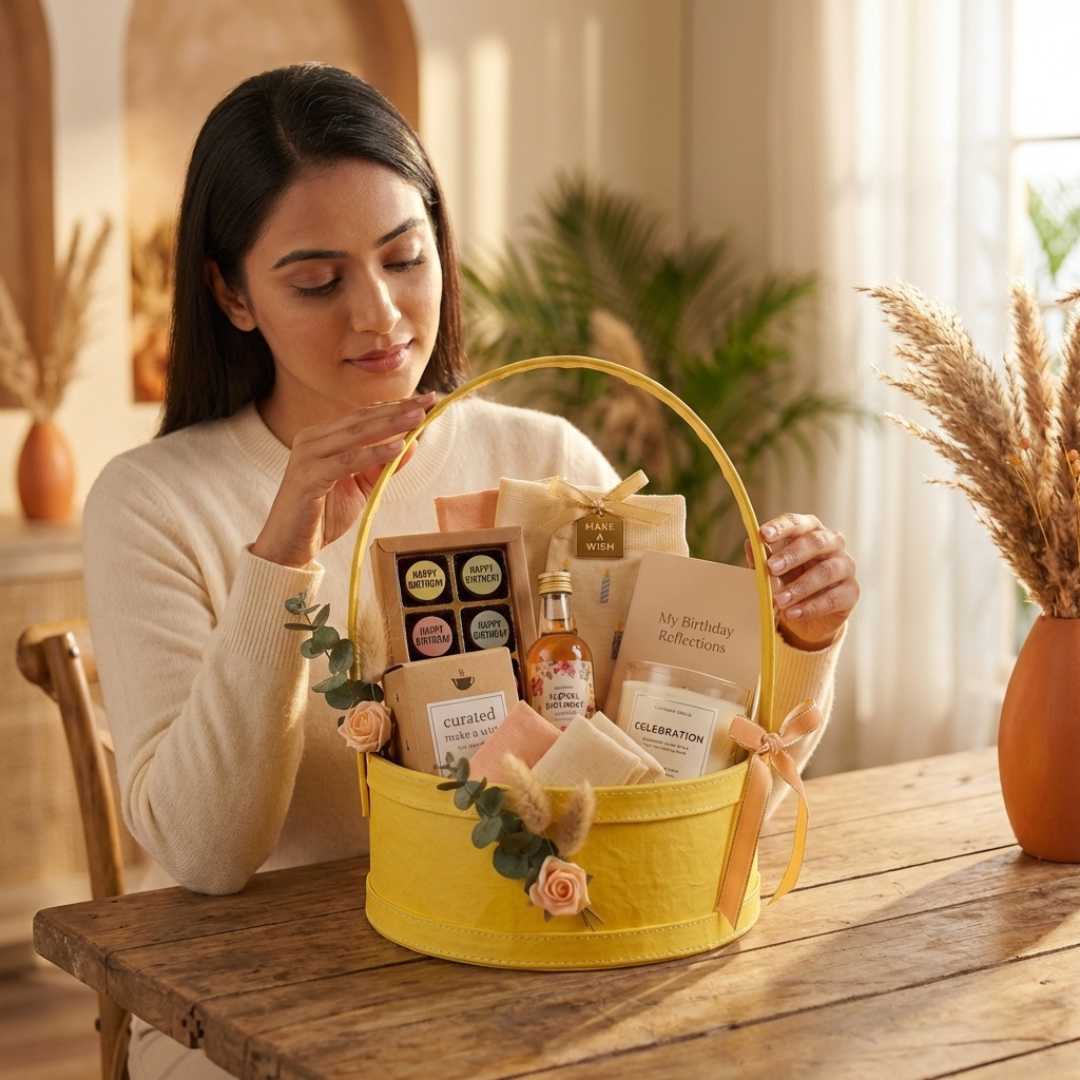 (Pack of 3) Yellow Round Gift Hamper Basket with Handle – Premium MDF Basket for Wedding & Festive Gifting (10x10x4 Inch)