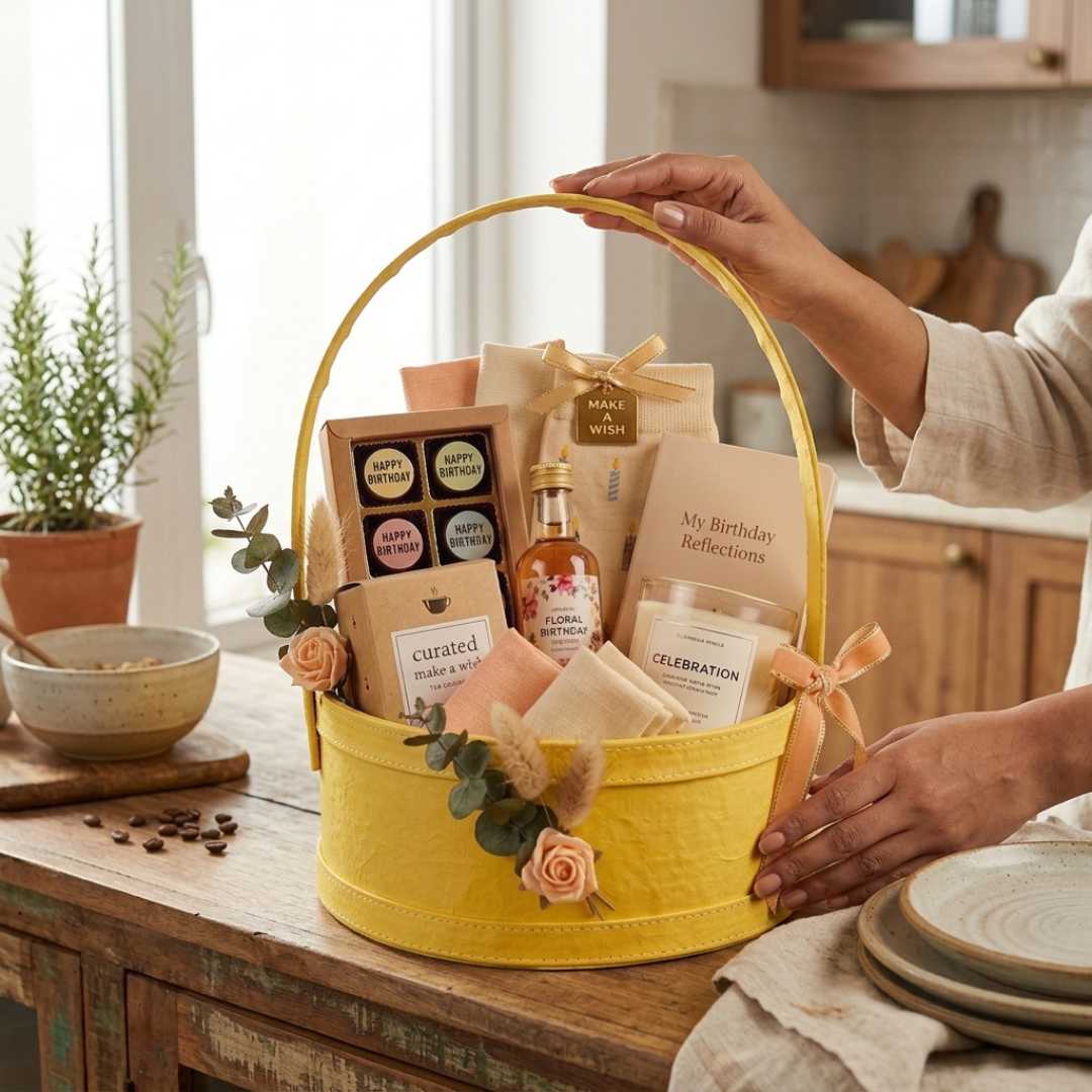 (Pack of 3) Yellow Round Gift Hamper Basket with Handle – Premium MDF Basket for Wedding & Festive Gifting (10x10x4 Inch)