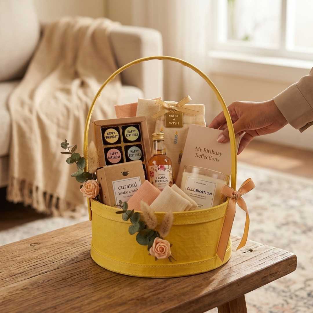 (Pack of 3) Yellow Round Gift Hamper Basket with Handle – Premium MDF Basket for Wedding & Festive Gifting (10x10x4 Inch)