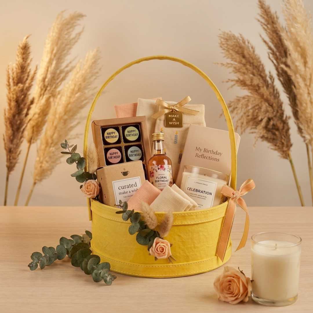 (Pack of 3) Yellow Round Gift Hamper Basket with Handle – Premium MDF Basket for Wedding & Festive Gifting (10x10x4 Inch)