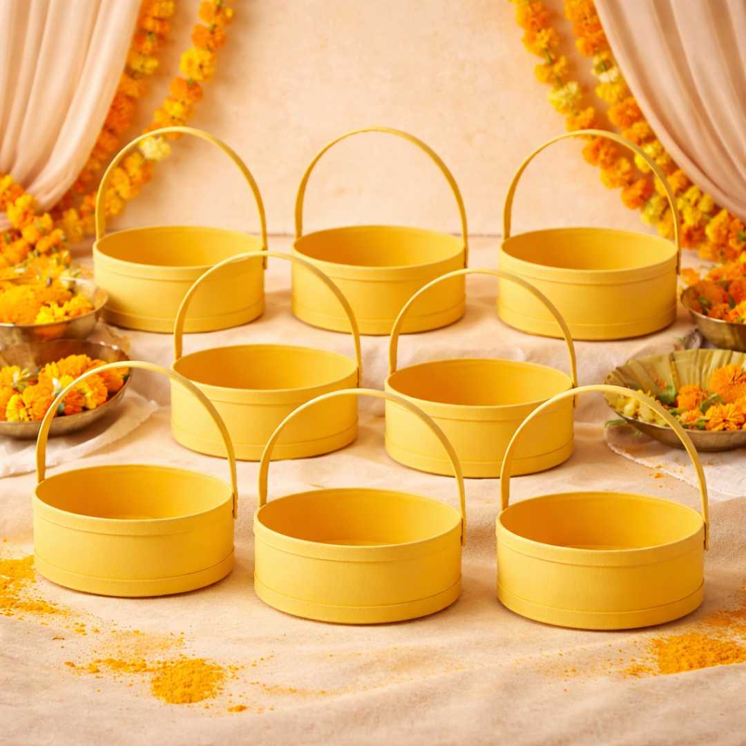 (Pack of 3) Yellow Round Gift Hamper Basket with Handle – Premium MDF Basket for Wedding & Festive Gifting (10x10x4 Inch)