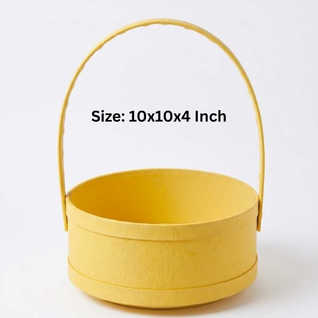(Pack of 3) Yellow Round Gift Hamper Basket with Handle – Premium MDF Basket for Wedding & Festive Gifting (10x10x4 Inch)